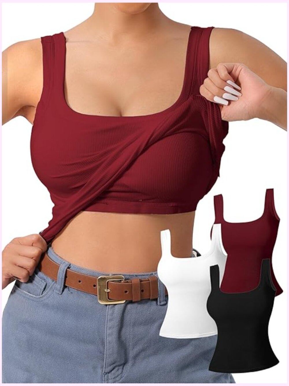 Women's U-Back Tank Top 3-Pack with Built-in Bra, Removable Pads for Gym & Yoga